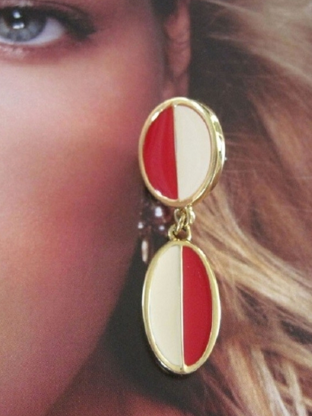 Vintage Monet red cream enamel drop earrings gold tone pierced 80s signed